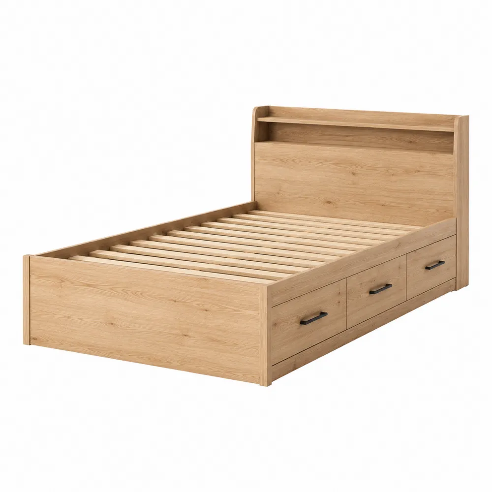 Cama individual de madera con almacenamiento en Roble y 3 cajones, 200 cm x 100 cm-Dravtrivoqelx