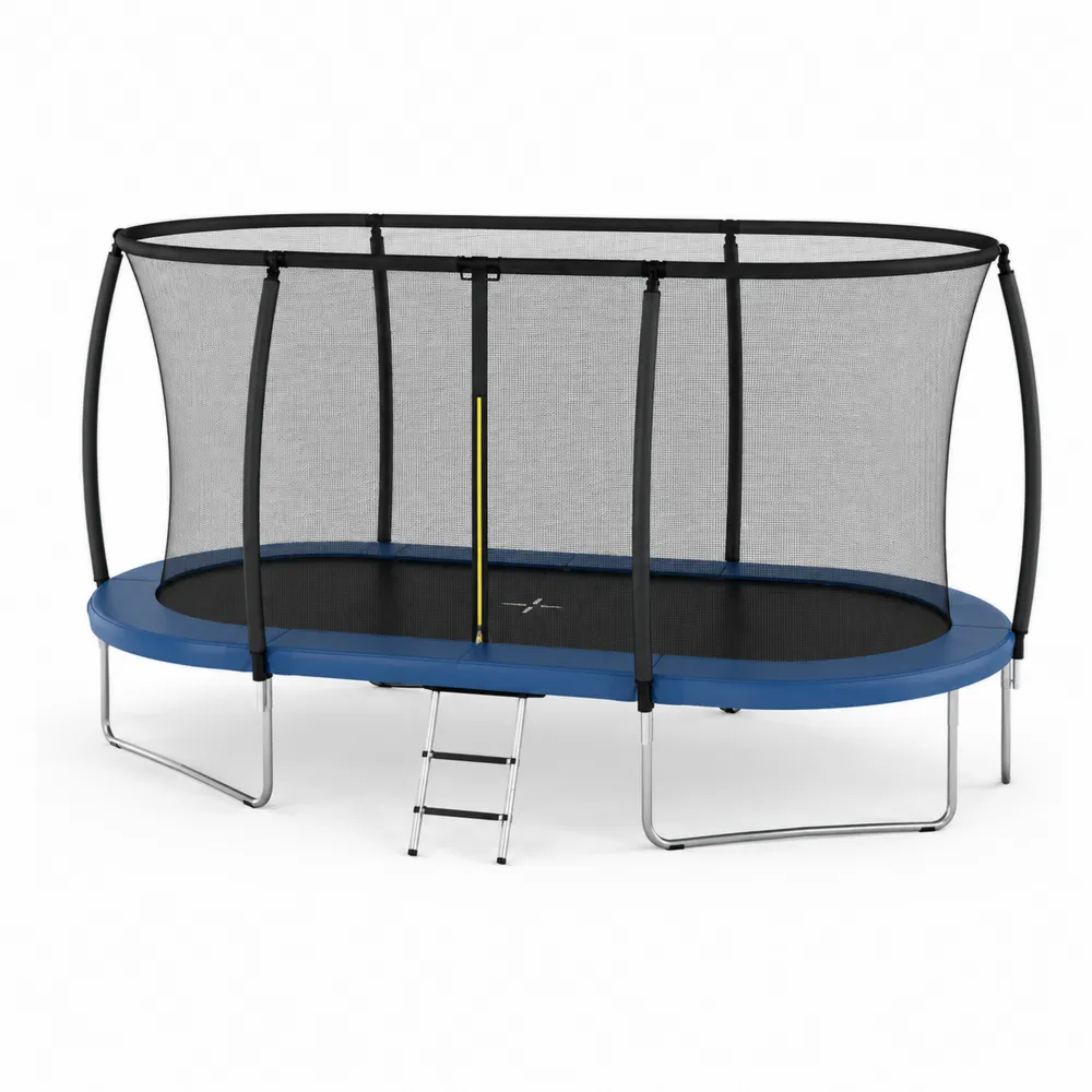 Cama elástica ovalada de acero con red de seguridad y escalera-Dravtrivoqelx