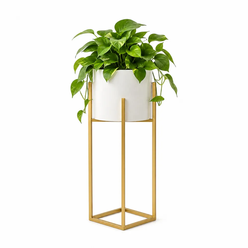 Macetero de Cerámica Blanca con Soporte Metálico Dorado-Dravtrivoqelx
