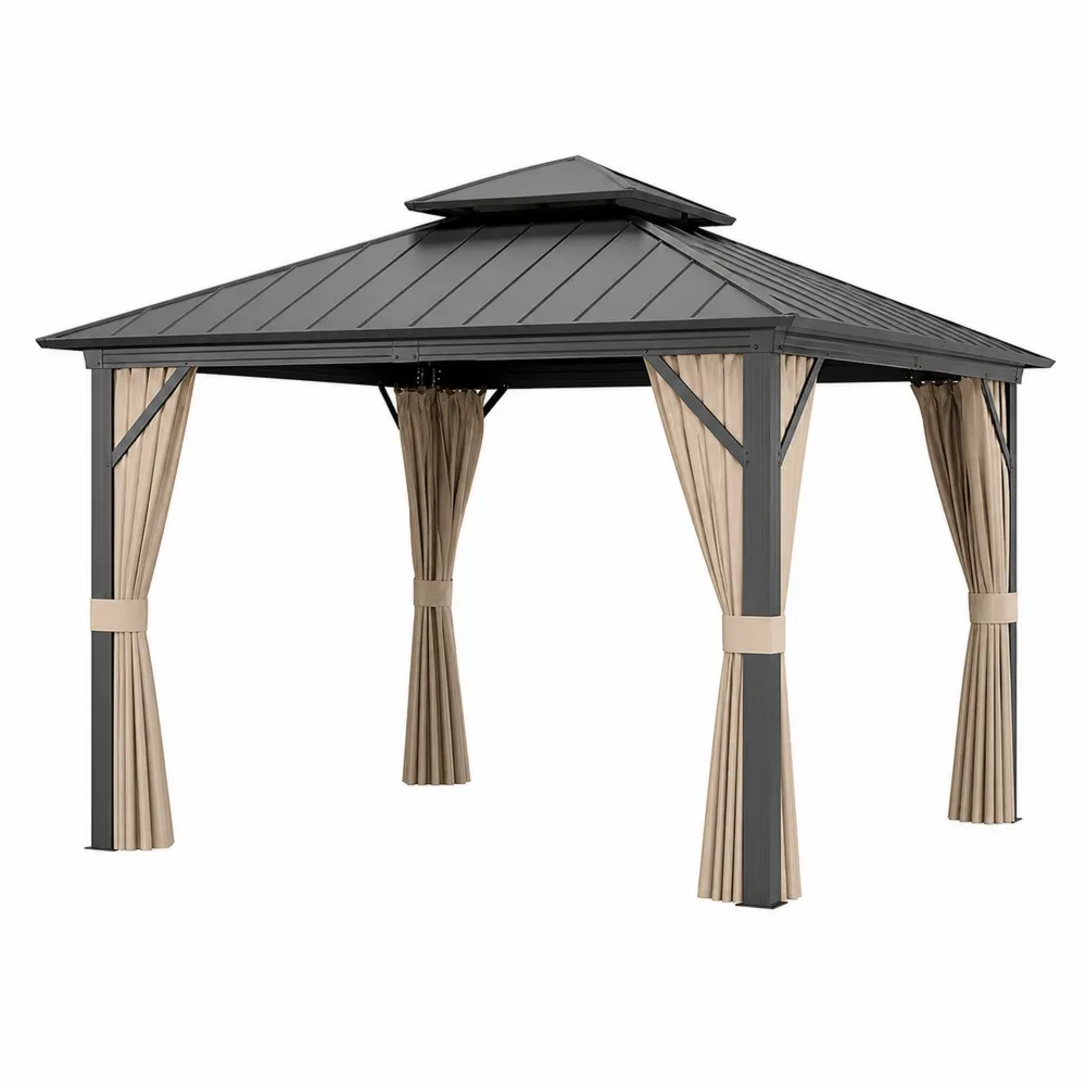 Pérgola de metal con techo de acero y cortinas de poliéster 300x400 cm-Dravtrivoqelx