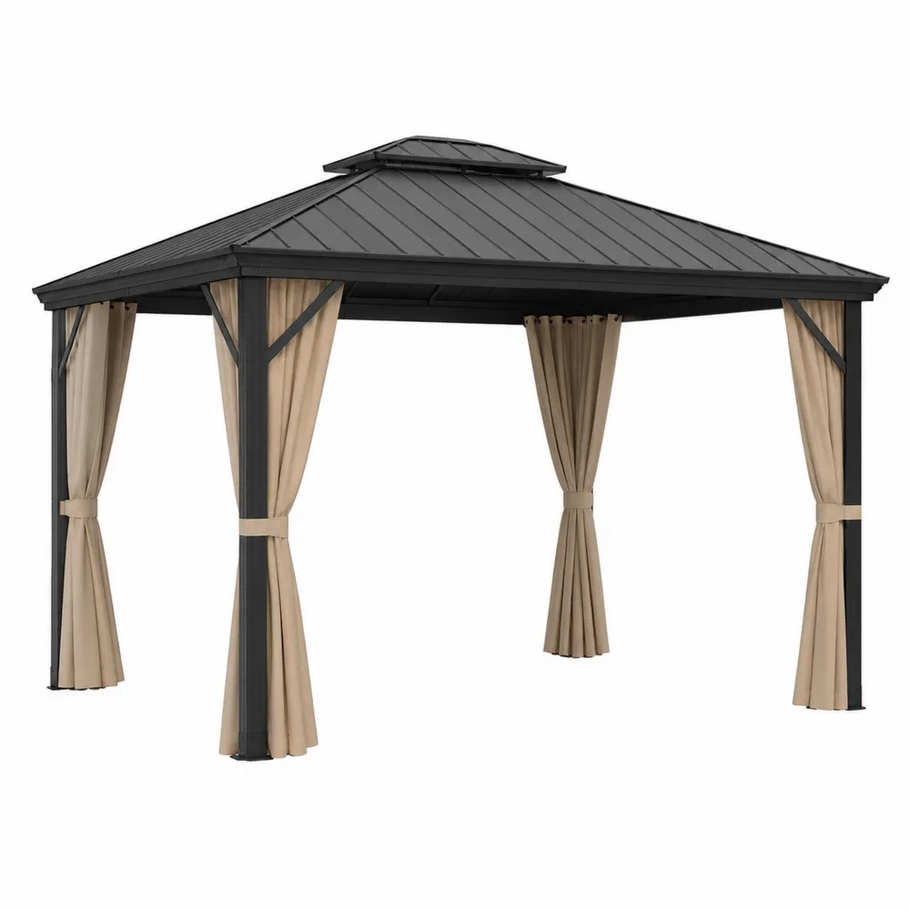 Pérgola con Estructura de Aluminio, Techo de Acero y Cortinas de Poliéster 3x3m-Dravtrivoqelx