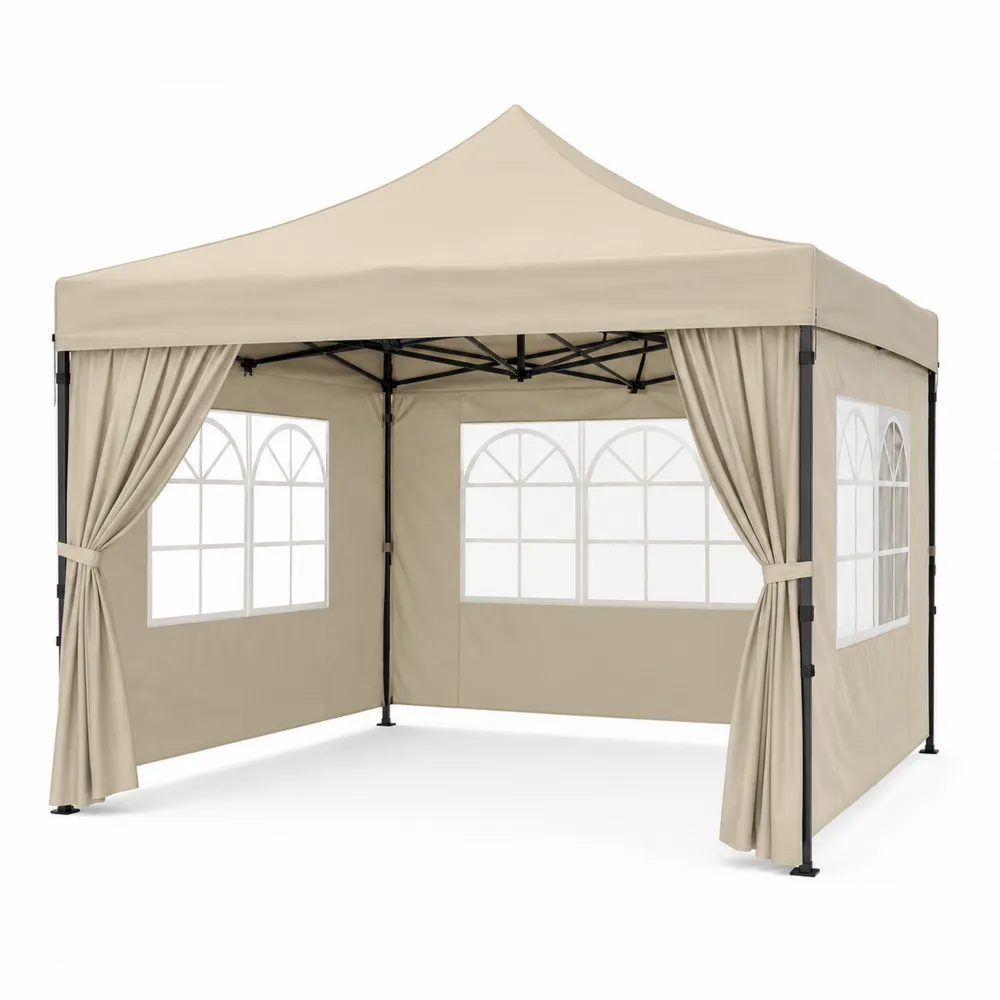 Carpa plegable 3x3m de poliéster impermeable beige con ventanas y cortinas-Dravtrivoqelx