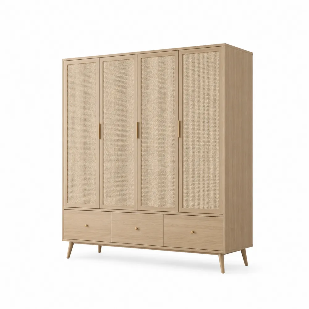 Armario de madera y mimbre beige 200x180x50 cm-Dravtrivoqelx