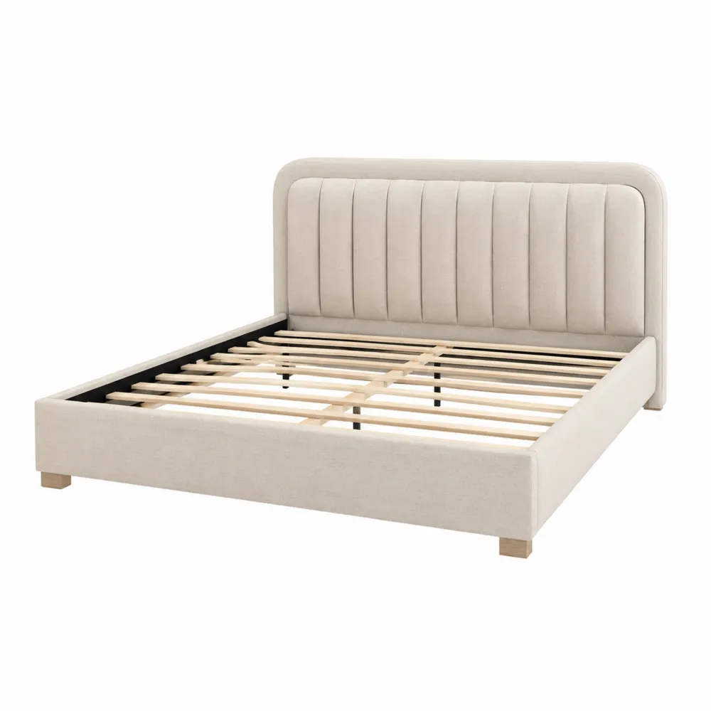 Cama doble beige con cabecera acolchada y estructura de madera-Dravtrivoqelx