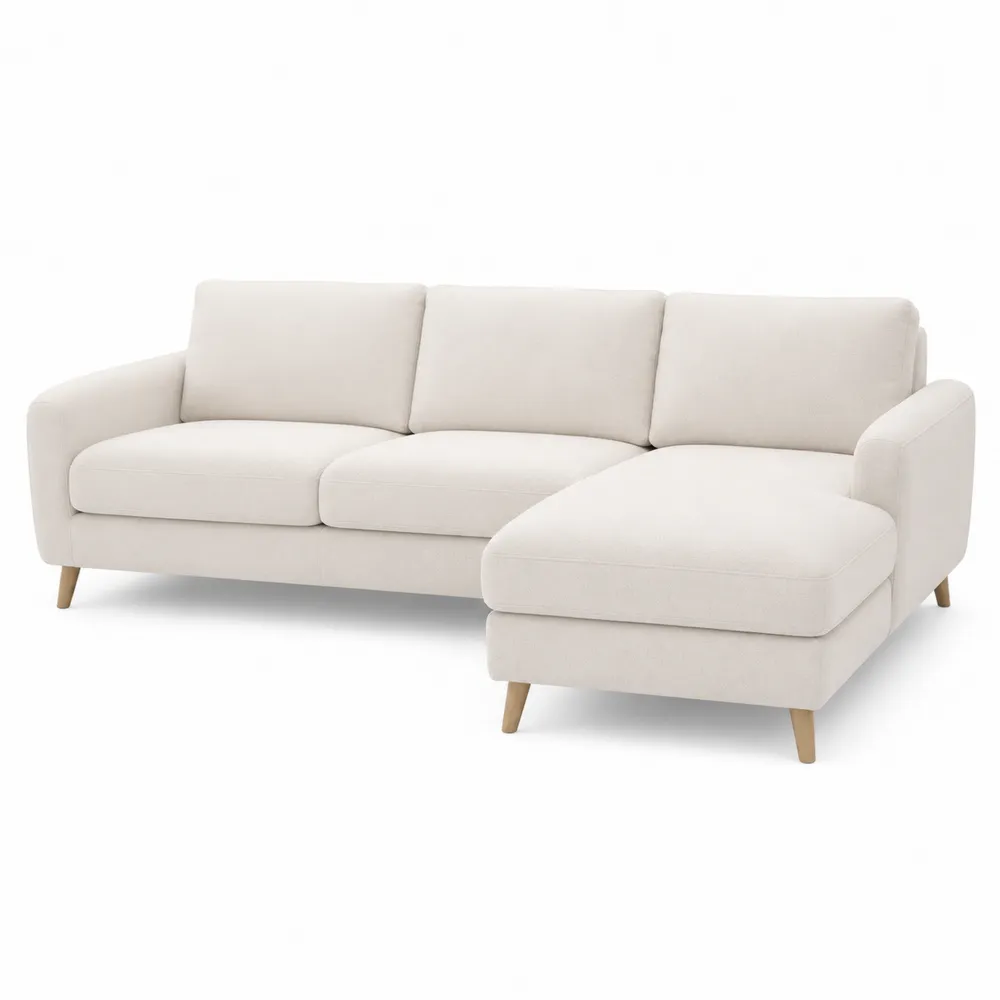 Sofá esquinero de tela beige con chaise longue derecha y patas de madera-Dravtrivoqelx