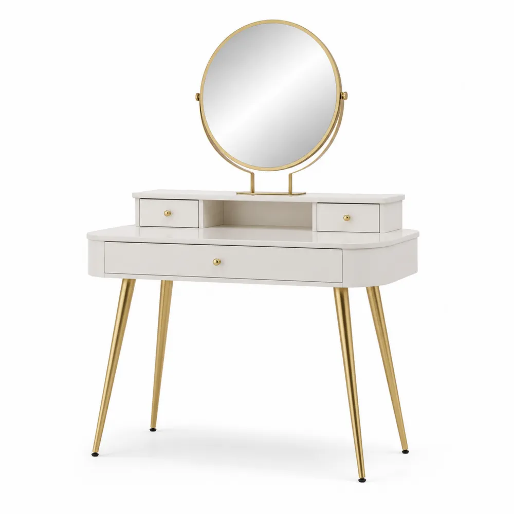 Tocador de MDF y Metal con Espejo y Cajones Blanco/Dorado-Dravtrivoqelx