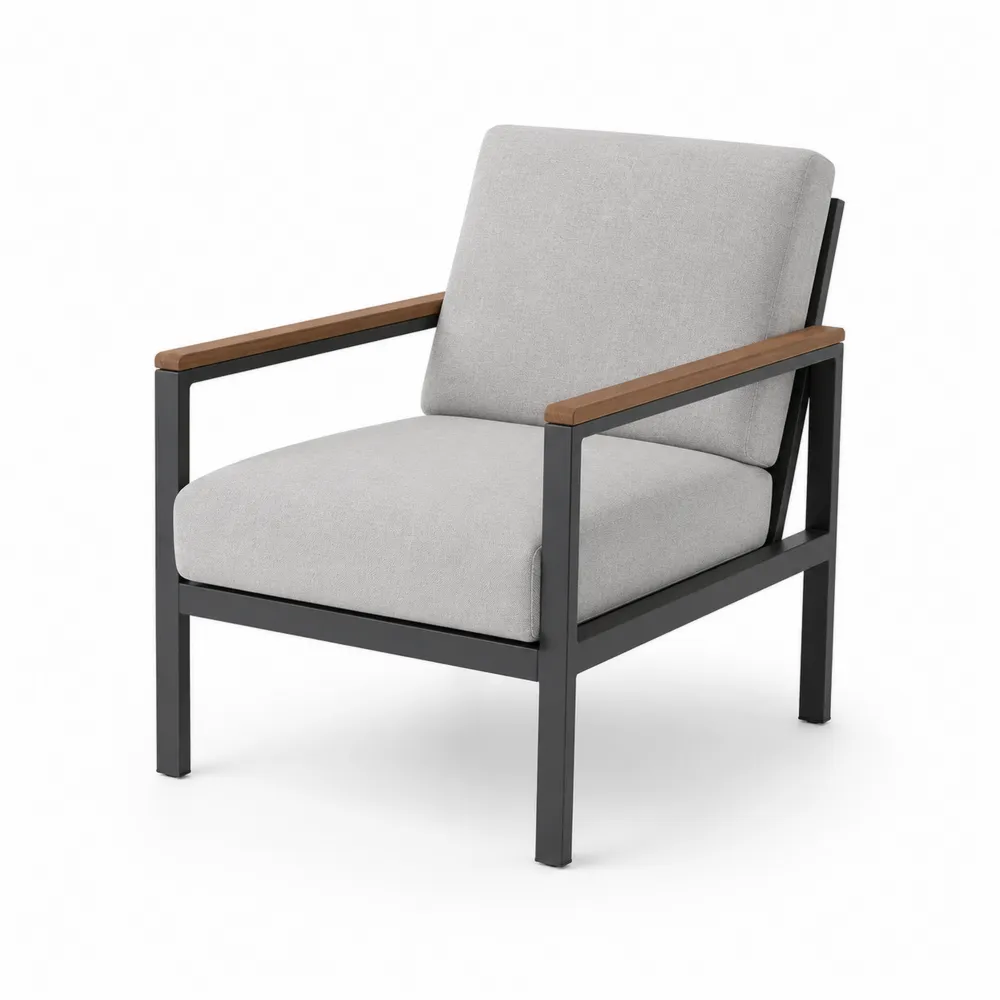 Sillón de aluminio con cojines de poliéster gris y reposabrazos de madera-Dravtrivoqelx