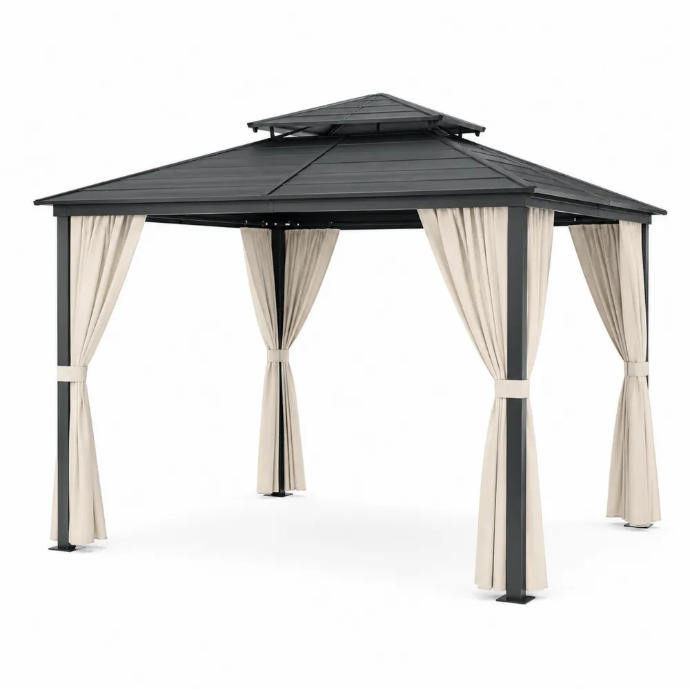 Pérgola de metal con cortinas 3x3 m-Dravtrivoqelx