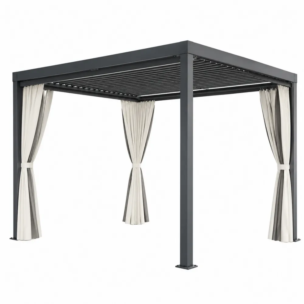 Pérgola de Aluminio y Poliéstér con Cortinas 3x3m Gris y Crema-Dravtrivoqelx