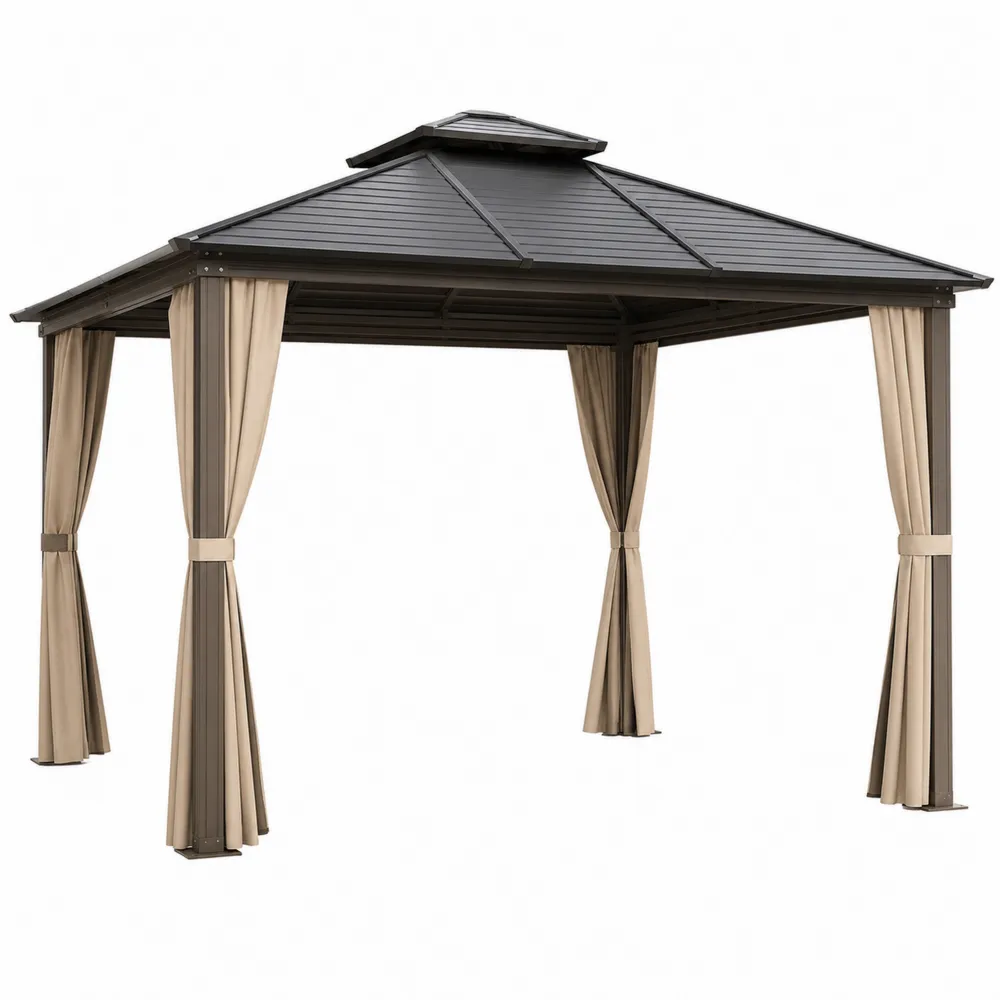 Gazebo de Aluminio con Techo de Acero y Cortinas de Poliéster 3x3m-Dravtrivoqelx