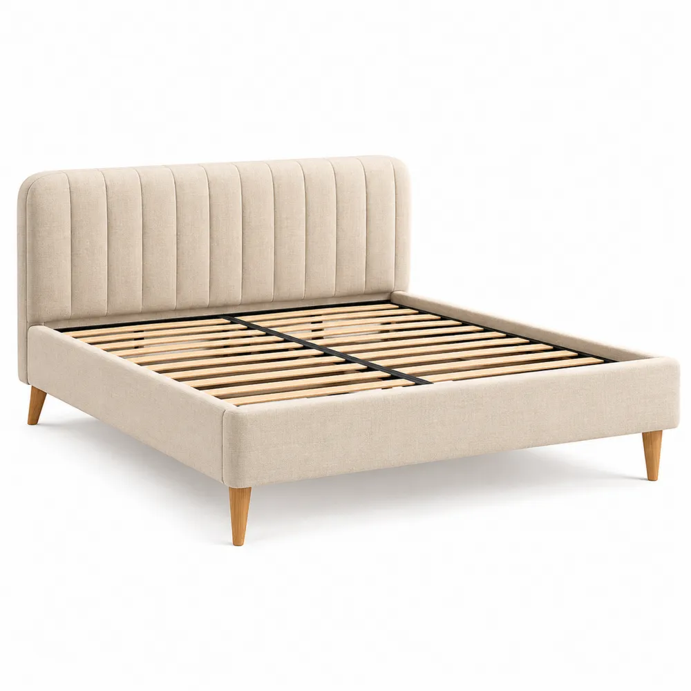Cama doble de madera y lino poliéster beige 200cm x 160cm-Dravtrivoqelx
