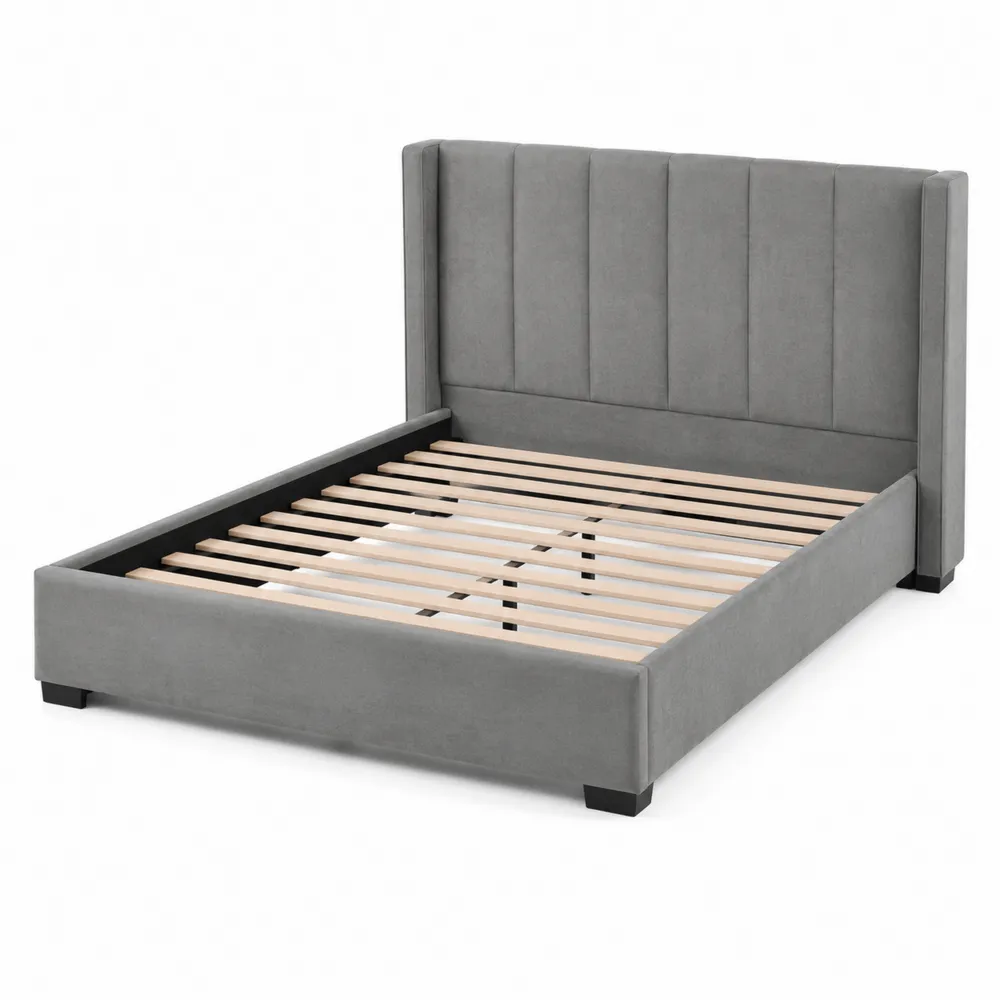 Cama doble de madera con cabecero tapizado en tela gris-Dravtrivoqelx