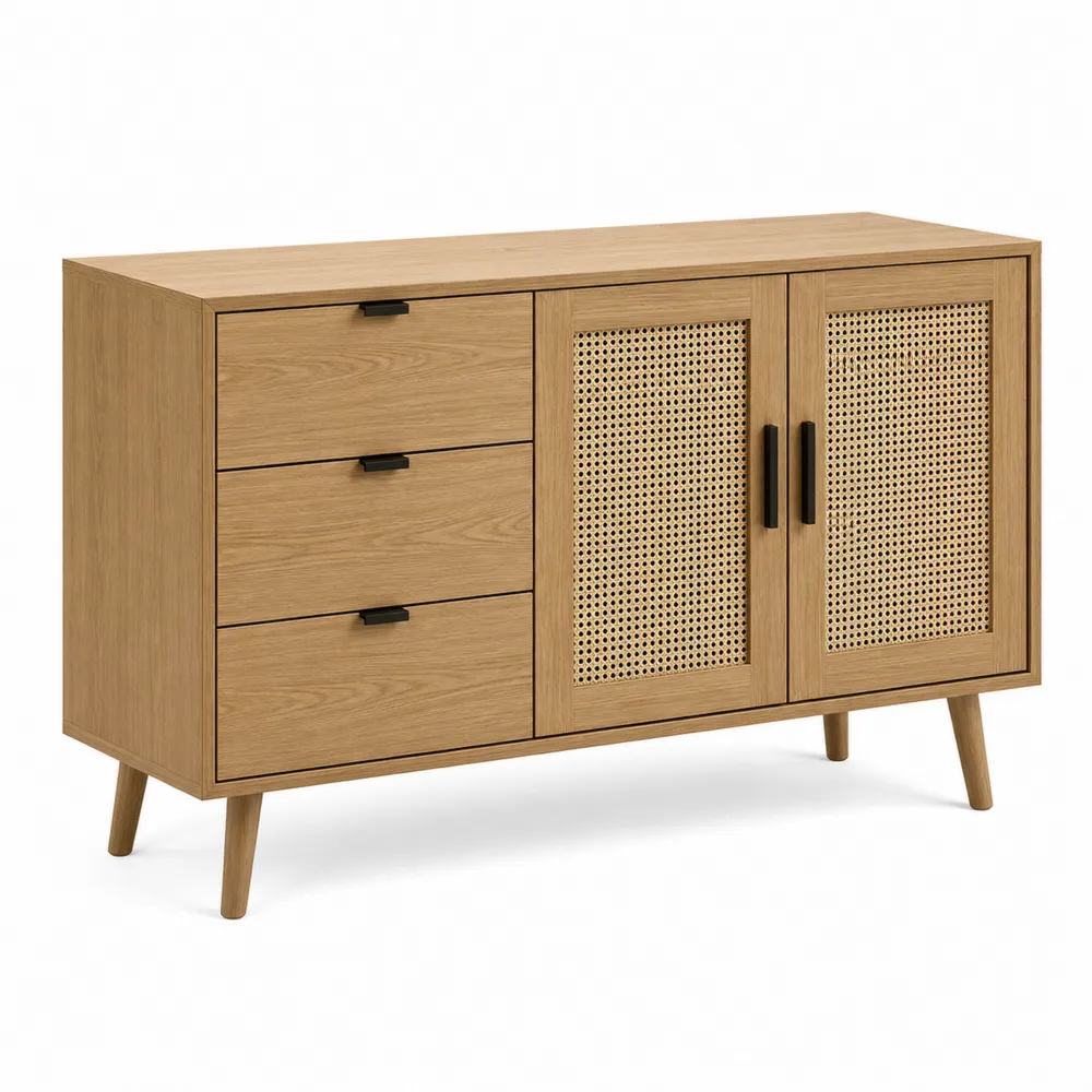 Aparador de Madera de Roble con Puertas de Ratán y 3 Cajones-Dravtrivoqelx
