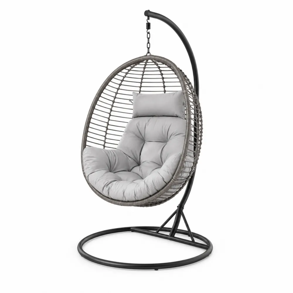 Silla colgante de ratán sintético y acero con cojín gris claro-Dravtrivoqelx