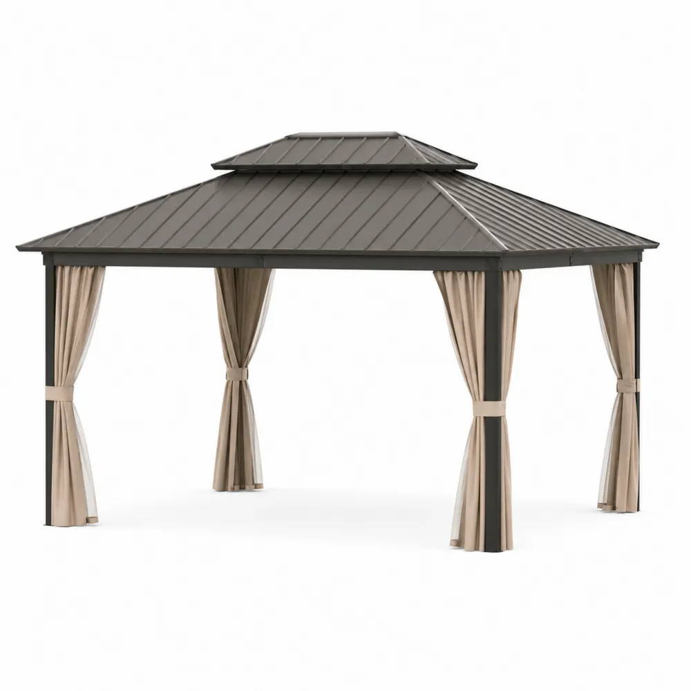 Pérgola de Aluminio con Techo de Metal y Cortinas 4x3m-Dravtrivoqelx