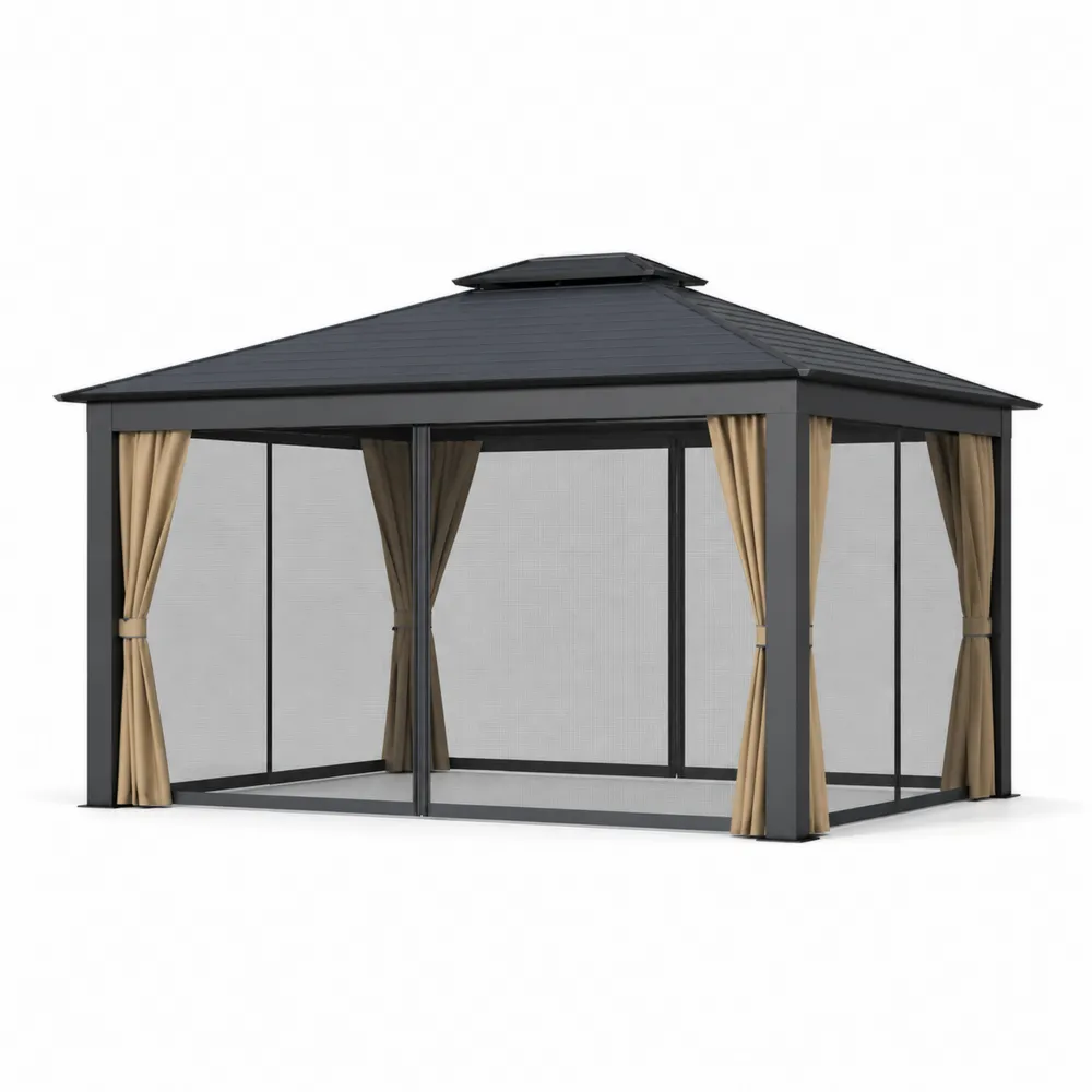 Gazebo de Aluminio con Techo de Acero y Cortinas Beige-Dravtrivoqelx