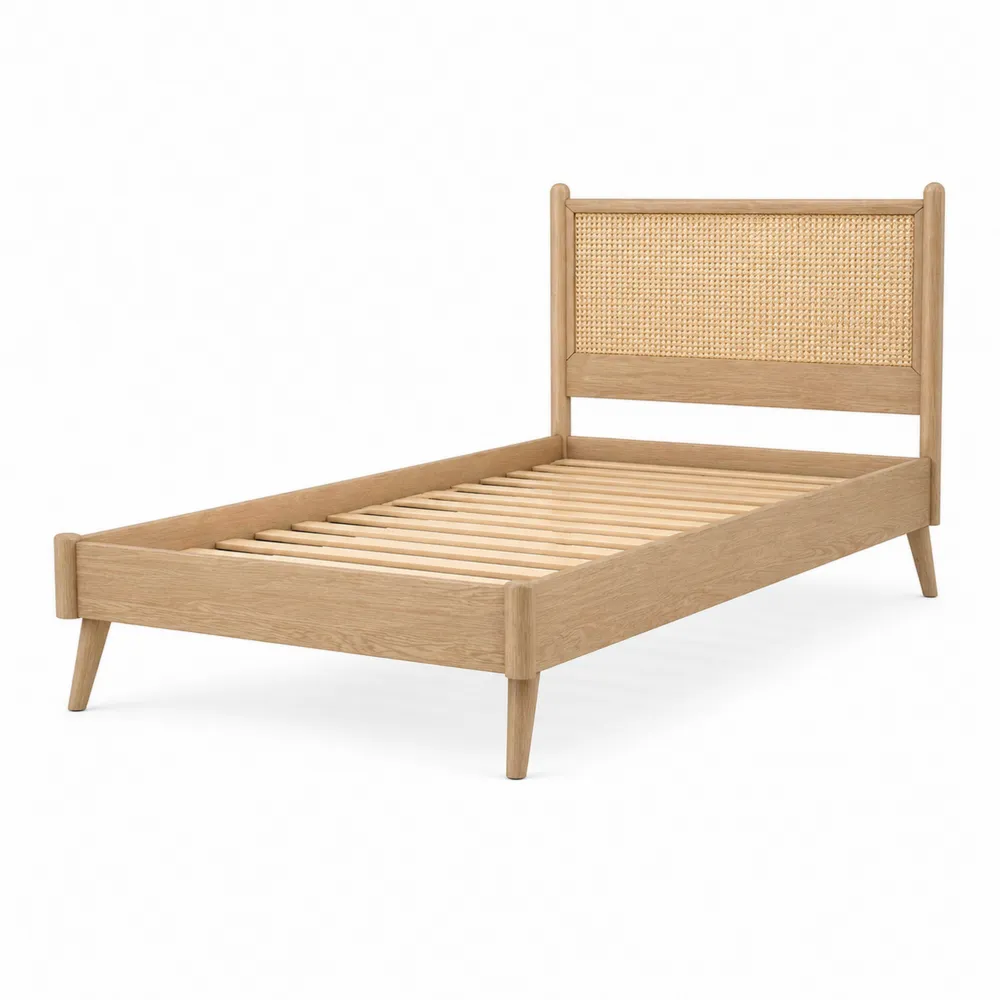 Cama Individual de Roble y Caña Trenzada 200x100 cm-Dravtrivoqelx