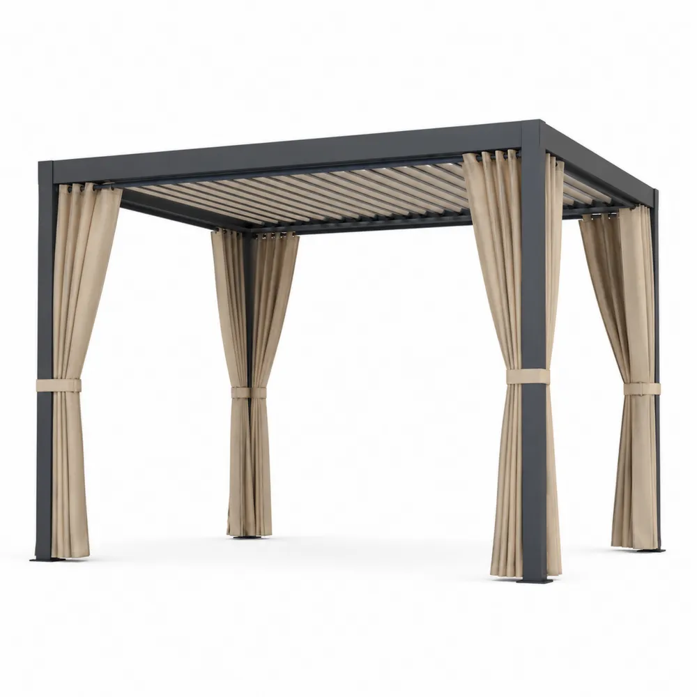 Pérgola de aluminio 300x400 cm con cortinas de poliéster beige-Dravtrivoqelx