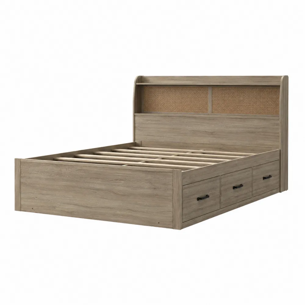 Cama de madera con almacenamiento y cabecero de mimbre, 200 cm x 160 cm, Marrón-Dravtrivoqelx