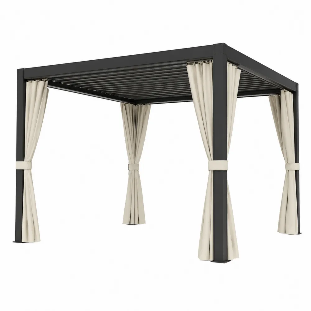 Pérgola de Aluminio con Cortinas de Poliéster Negro/Beige 3x3x2.5m-Dravtrivoqelx