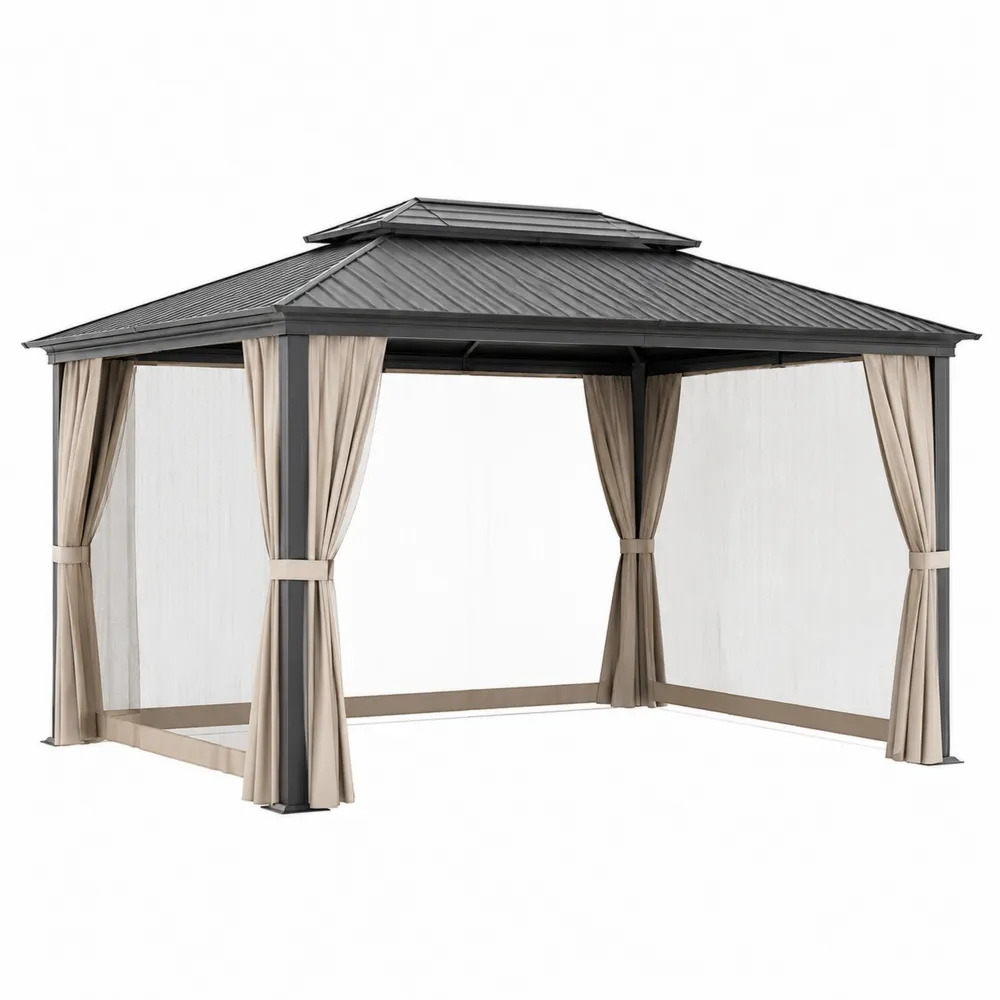 Pérgola de Metal Gris con Cortinas de Poliéster-Dravtrivoqelx