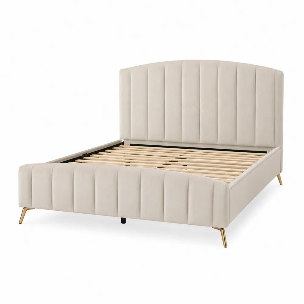 Cama doble de tela beige con patas metálicas doradas 160x200 cm-Dravtrivoqelx