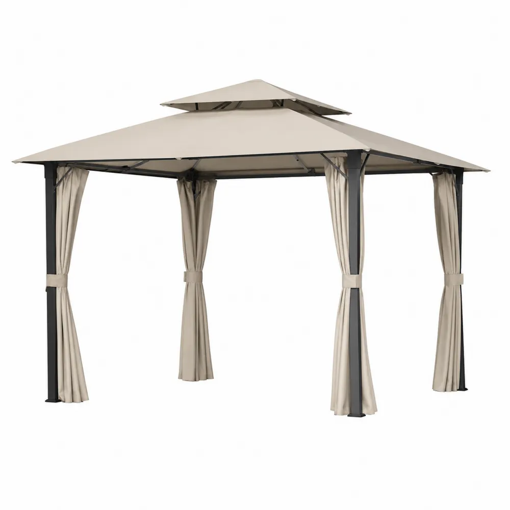 Pabellón de jardín de poliéster beige con estructura de acero-Dravtrivoqelx