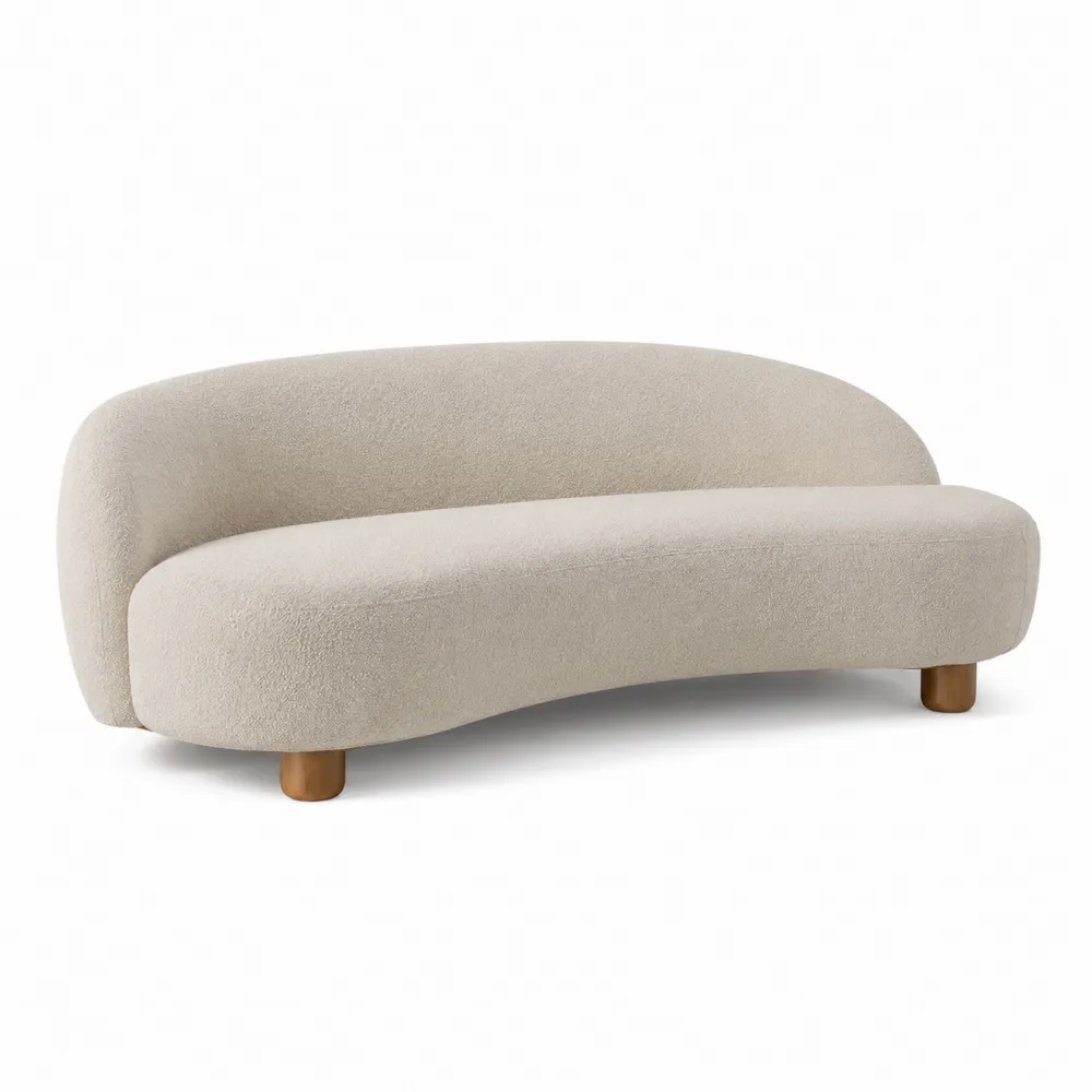 Sofá Curvo de 2 Plazas con Tela Bouclé y Patas de Madera-Dravtrivoqelx