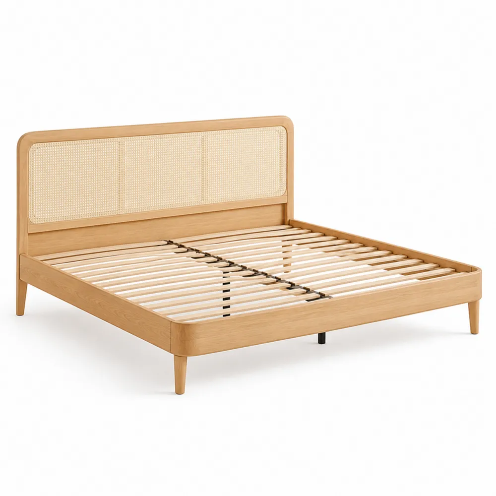 Cama doble de madera de roble y ratán 200x160 cm-Dravtrivoqelx