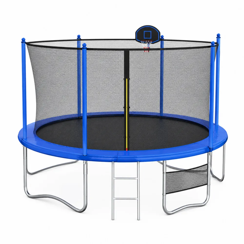 Cama elástica redonda con aro de baloncesto y escalera de acero 305 cm azul-Dravtrivoqelx