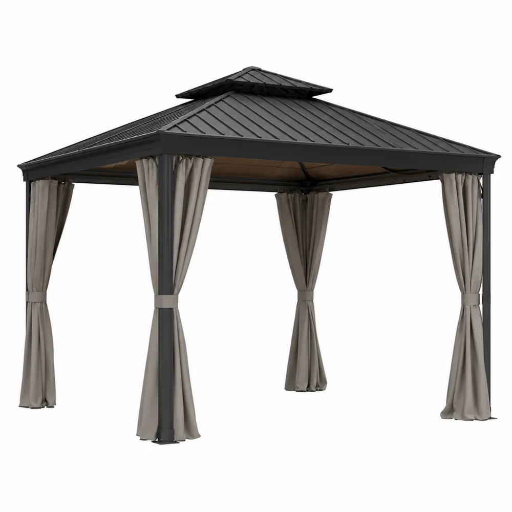 Pérgola de Aluminio con Techo Metálico y Cortinas de Poliéster-Dravtrivoqelx