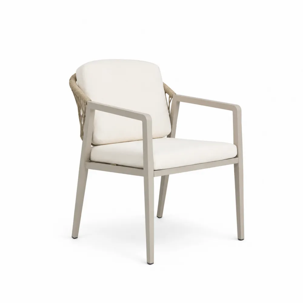 Fauteuil d'extérieur en métal beige avec coussins crème-Solvortinela