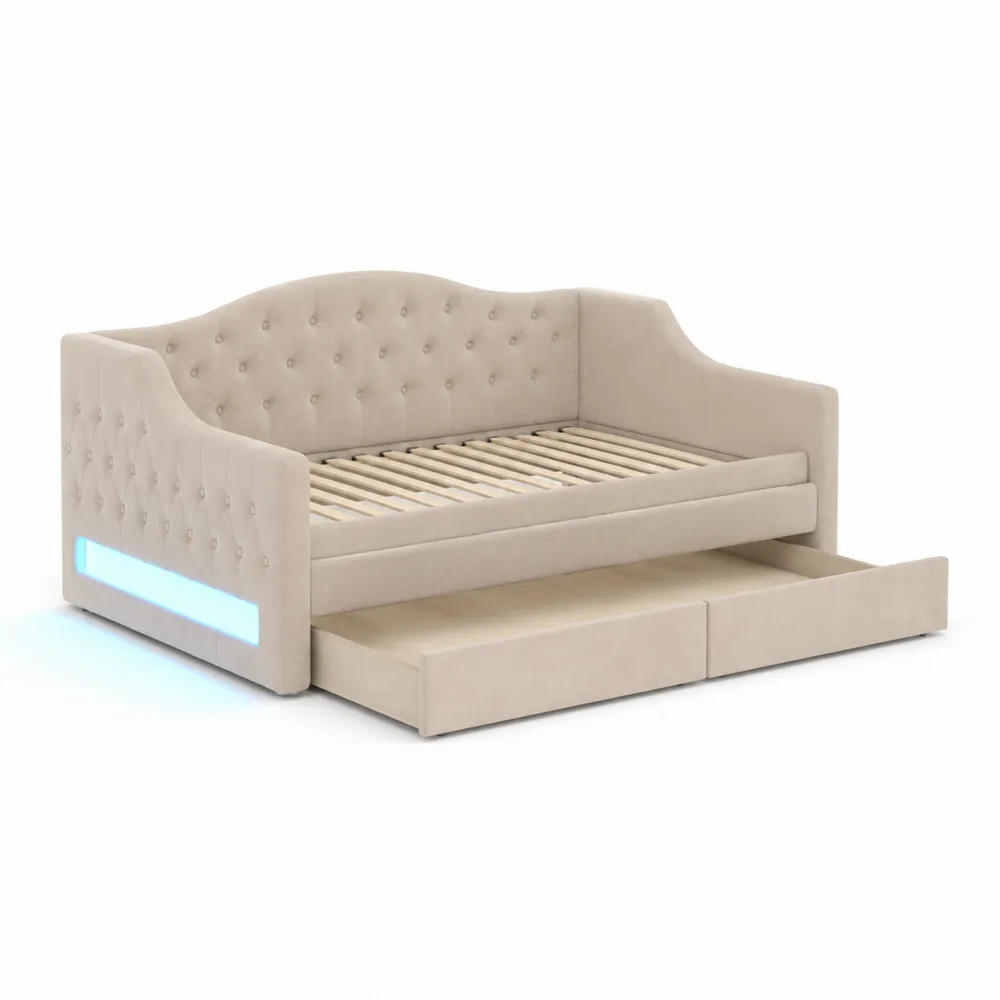 Lit de jour en bois et tissu beige avec tiroirs et éclairage intégré-Solvortinela