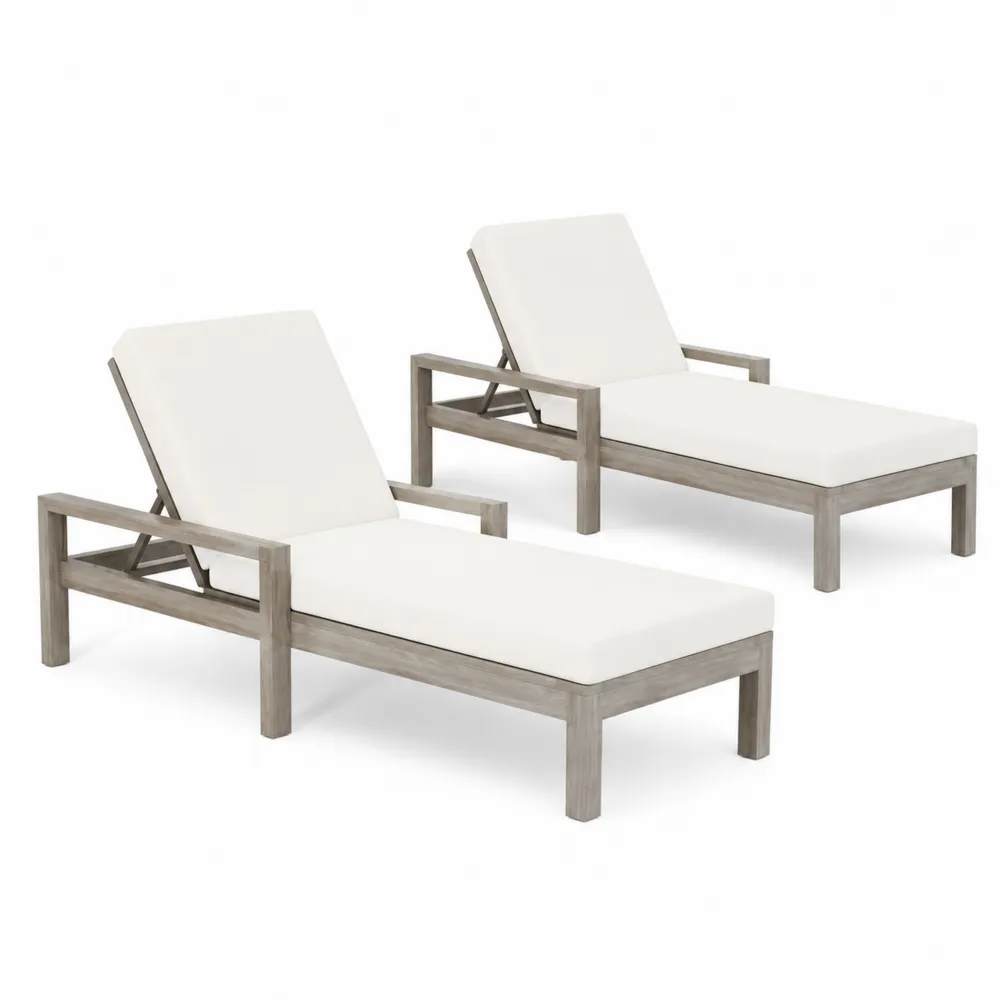 Lot de 2 chaises longues en bois avec coussins crème-Solvortinela