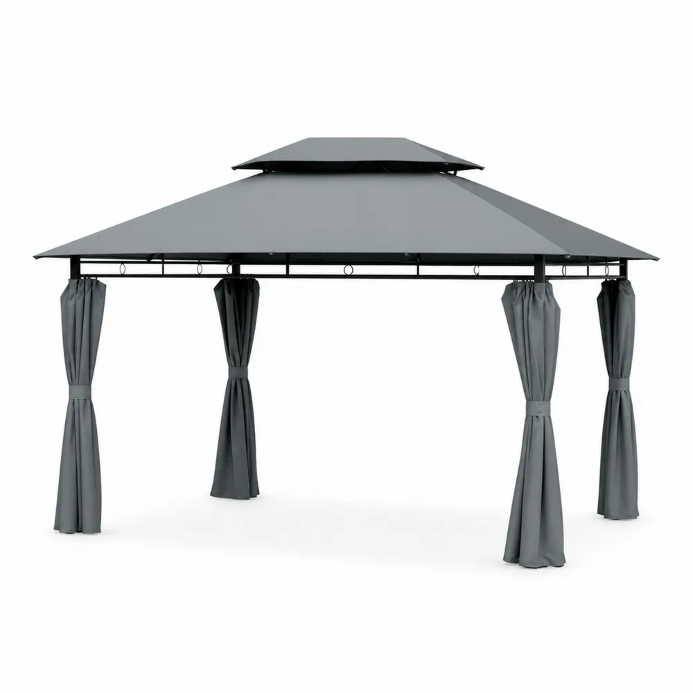 Pavillon de jardin en acier avec toit double et rideaux en polyester gris-Solvortinela
