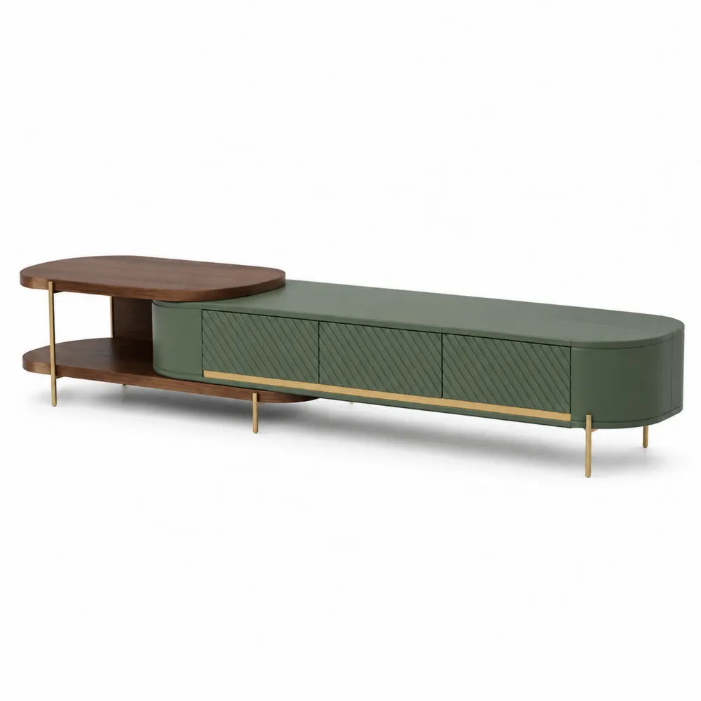 Meuble TV en bois et métal vert avec accents dorés 200x40x50 cm-Solvortinela