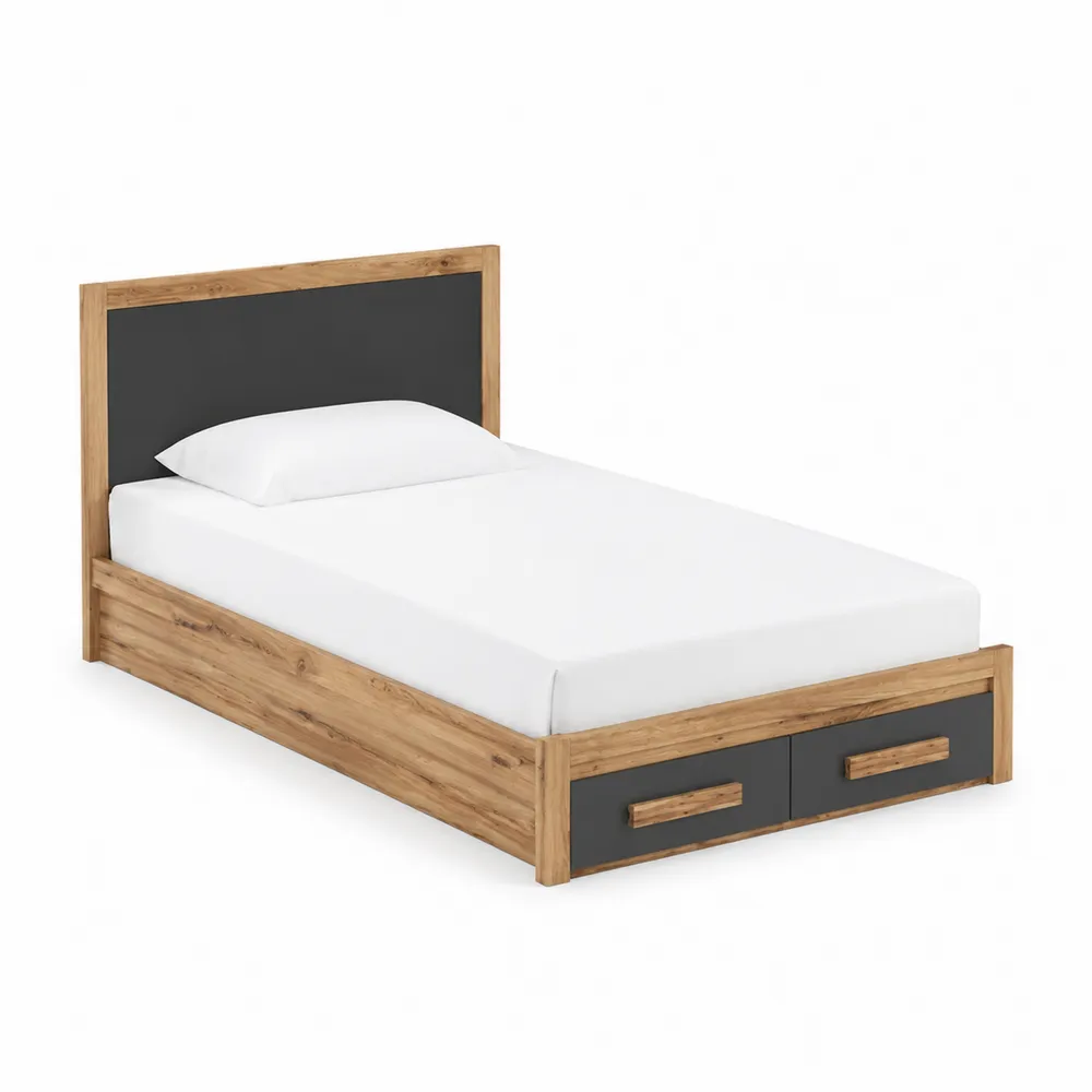 Lit simple en bois avec rangement MDF Chêne/Gris-Solvortinela