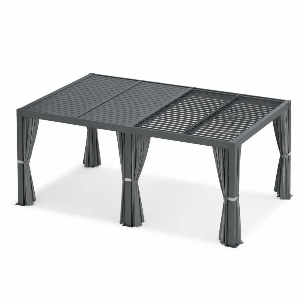 Pergola en aluminium avec toit à lames orientables et rideaux en polyester Gris-Solvortinela