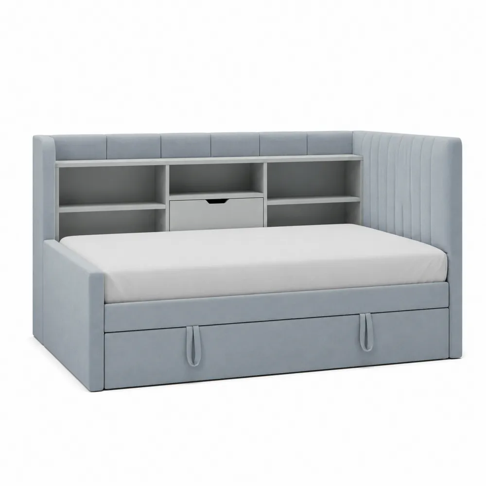 Lit de jour pour enfant en tissu Gris avec étagères de rangement 90x200 cm-Solvortinela