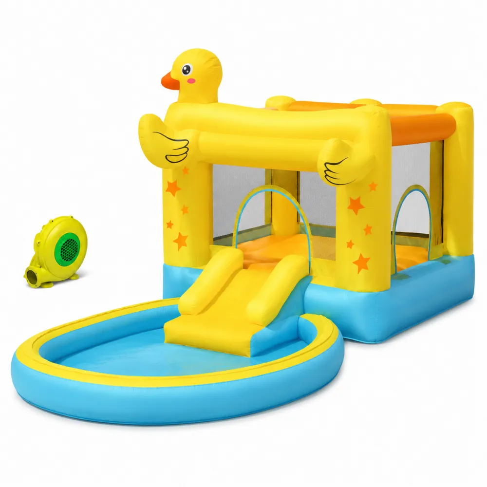 Structure Gonflable Enfant avec Toboggan et Piscine en PVC Jaune et Bleu-Solvortinela
