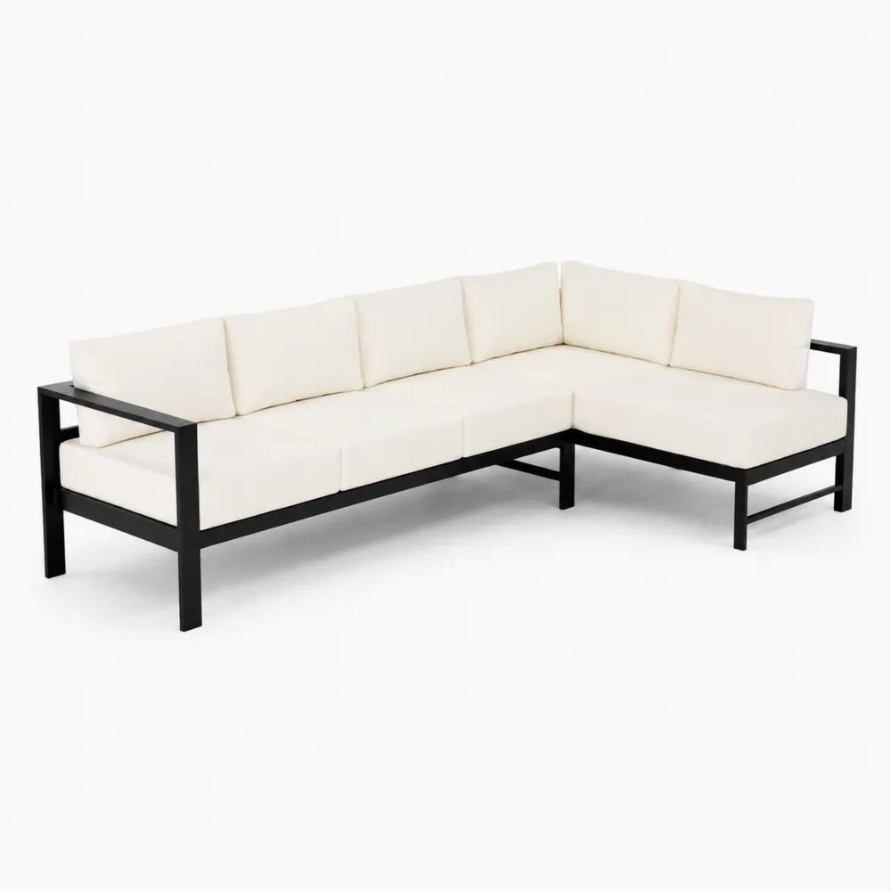 Canapé d'angle en métal noir avec coussins en tissu crème-Solvortinela