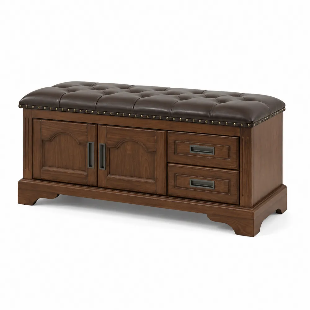 Banc de rangement en bois avec coussin en simili cuir marron-Solvortinela