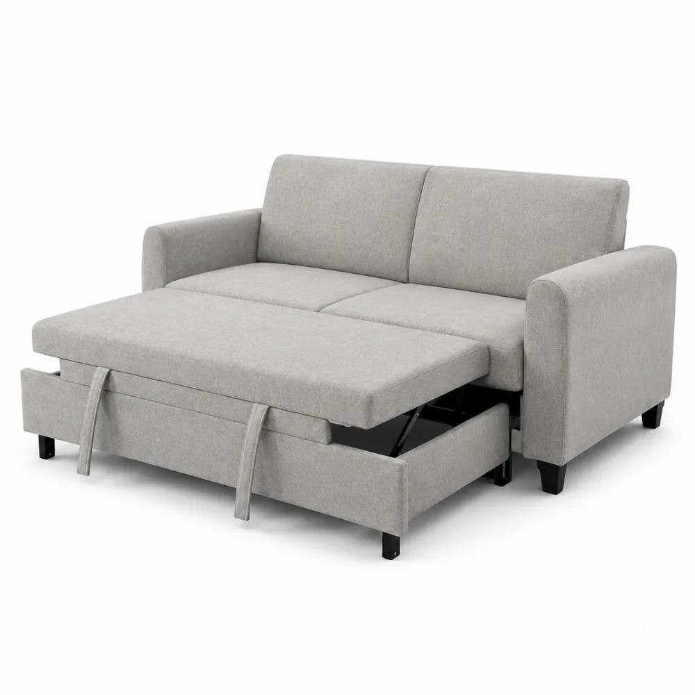 Canapé convertible 2 places en Tissu Lin Gris avec Rangement-Solvortinela