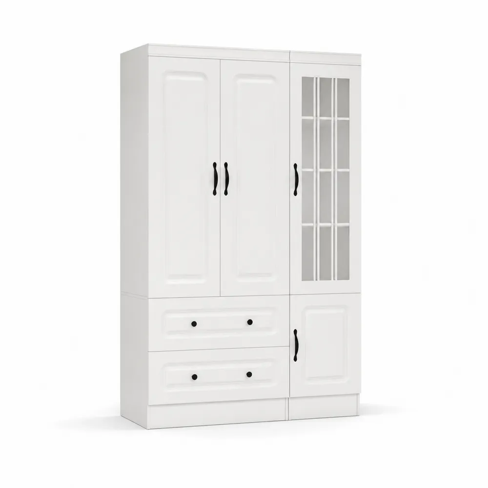 Armoire blanche en bois avec portes vitrées et tiroirs-Solvortinela