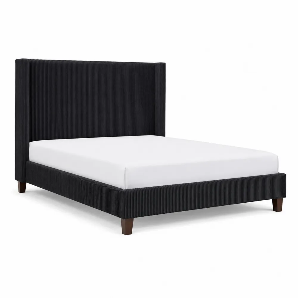 Lit double en velours côtelé Noir avec sommier 140x200 cm-Solvortinela