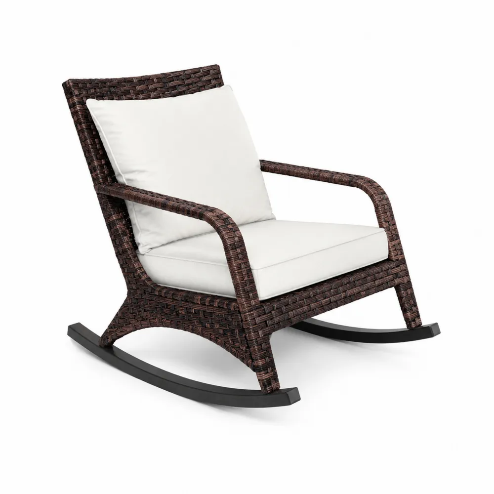 Fauteuil à bascule en rotin synthétique marron avec coussins blancs-Solvortinela