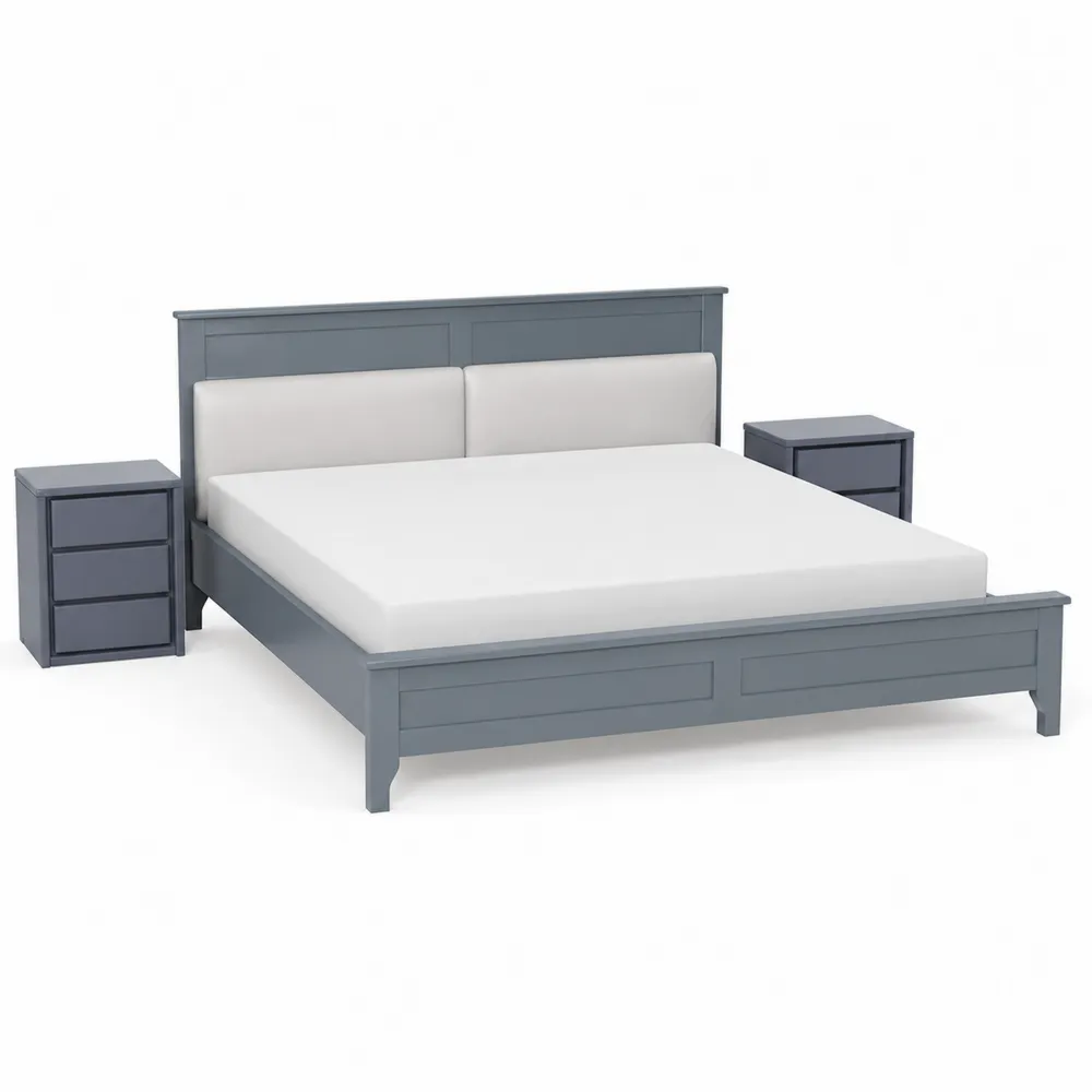 Lit plateforme en bois avec tête de lit rembourrée et chevets Bleu Gris-Solvortinela