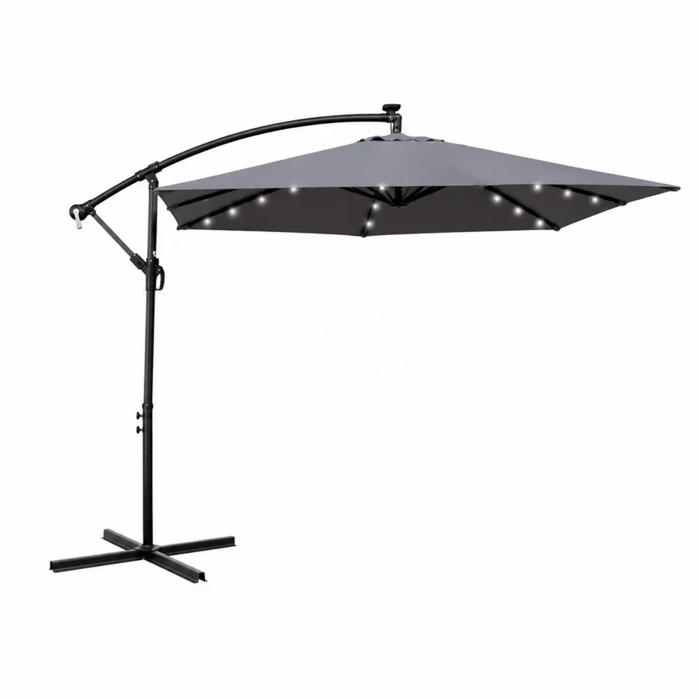 Parasol déporté avec LED, Aluminium et Polyester, Gris, Diamètre 3m-Solvortinela