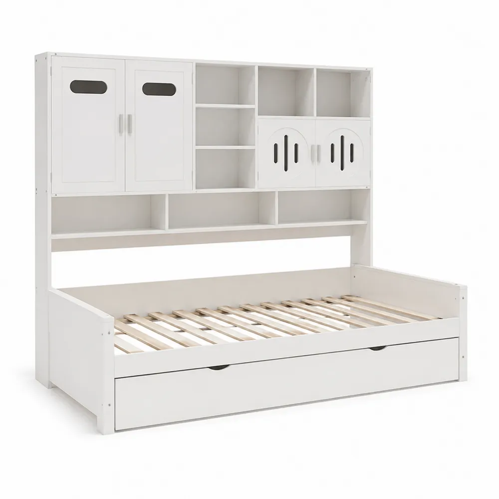 Lit en bois blanc avec étagères et tiroir 203cm-Solvortinela