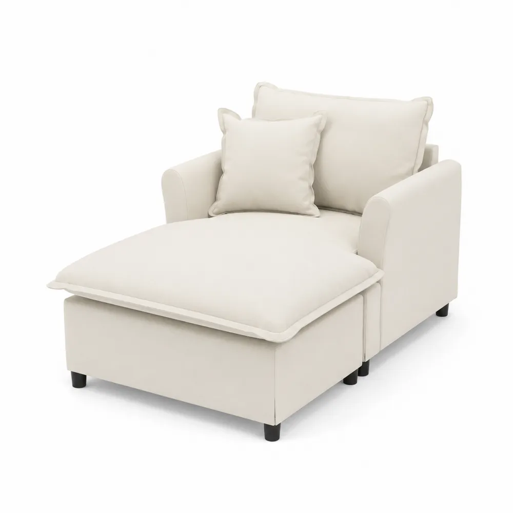 Banc Chaise Longue en Tissu Beige avec Accoudoirs et Coussins-Solvortinela